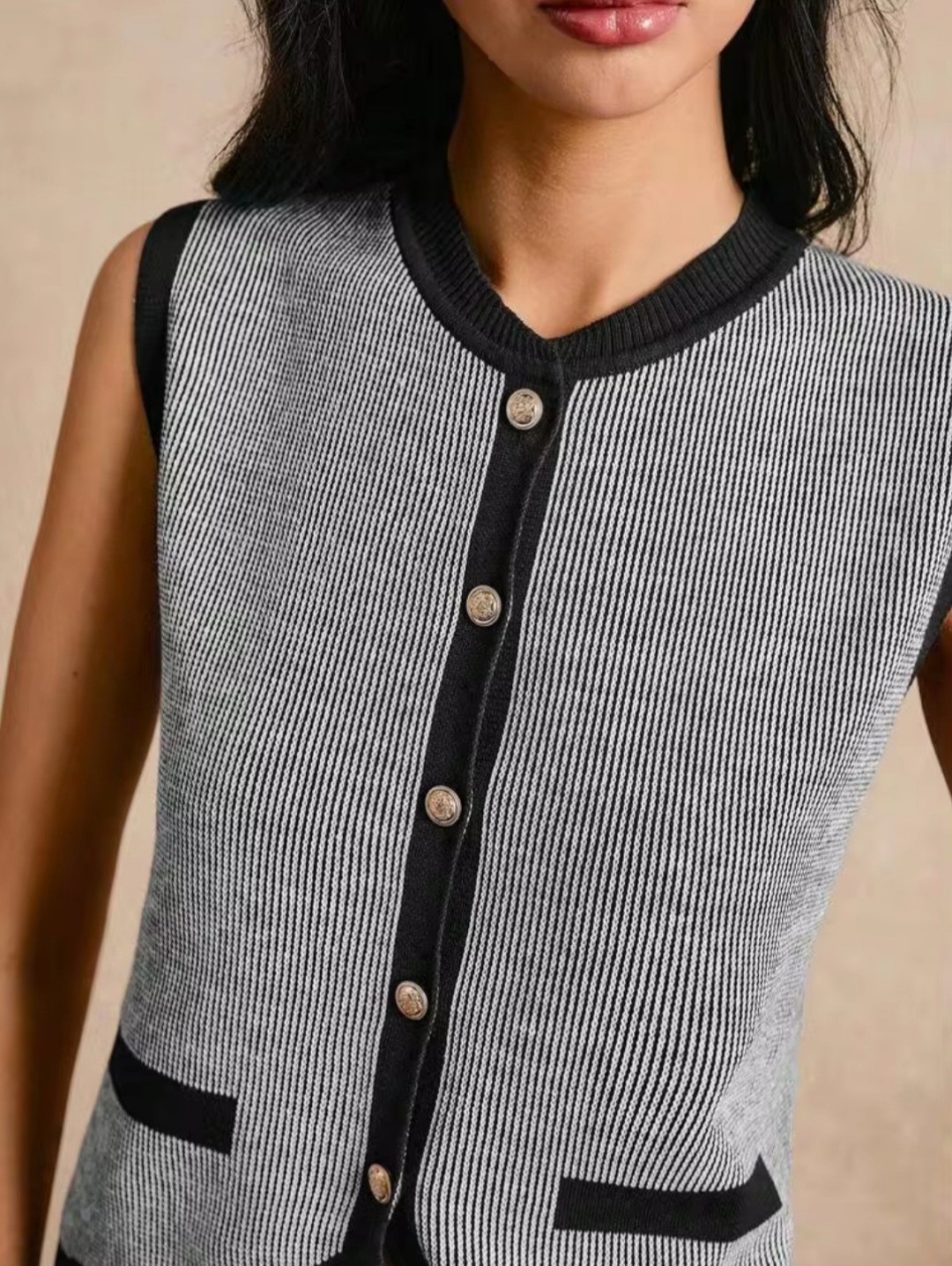 Sleeveless Stripe Blue Navy & White Knit Vest Button-Front - Womens Size Medium